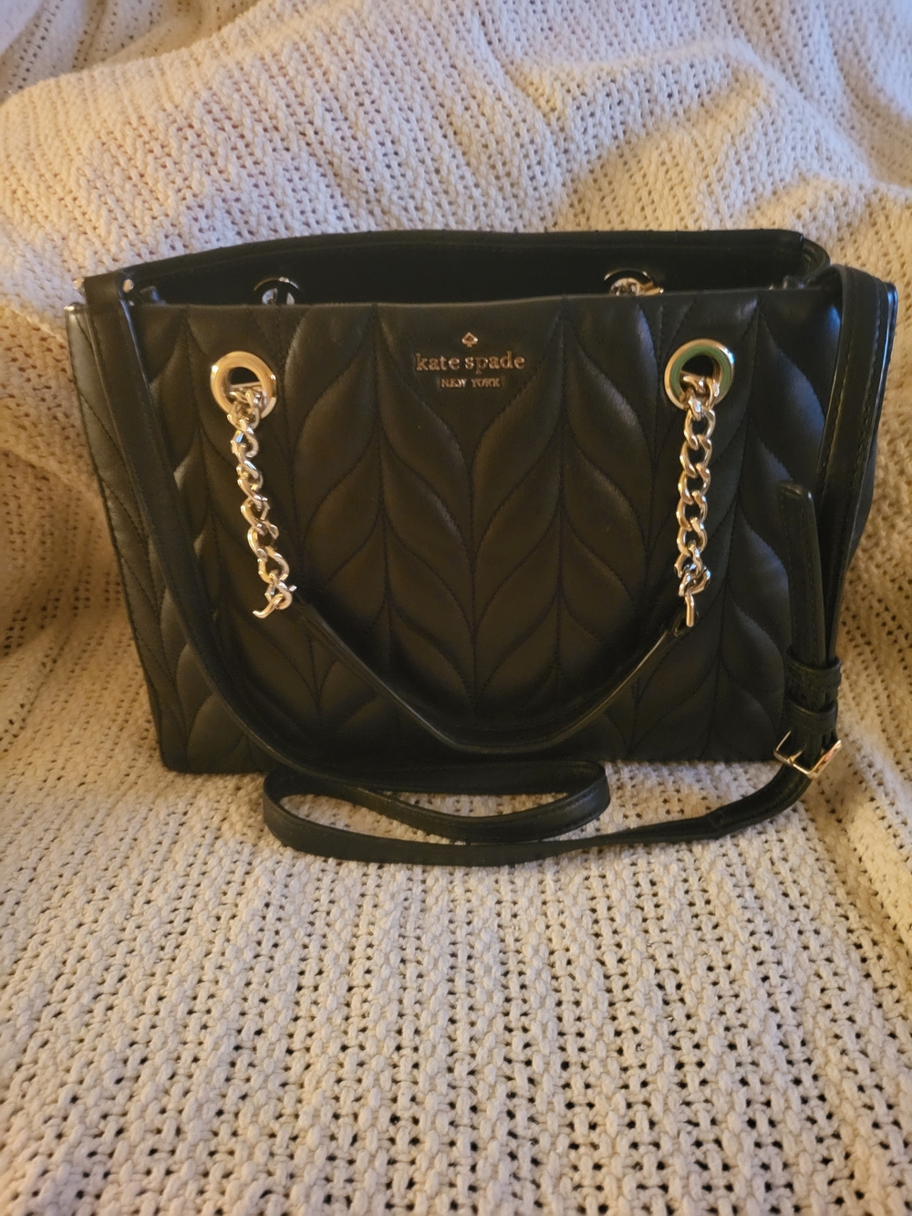 kate spade Black Quilted Shoulder Tote with Gold Chain Accents